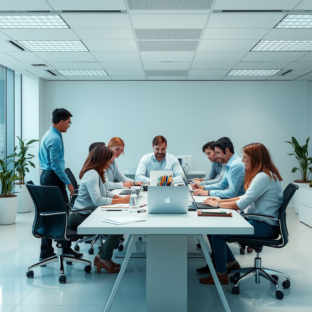 Colleagues working together around a table in a bright office